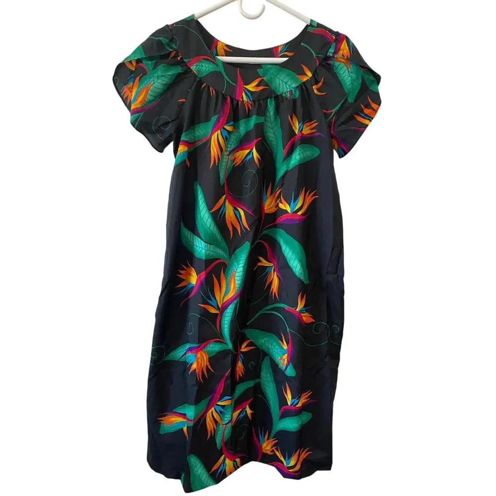 Vintage 70s Hilo Hattie's Muumuu Kaftan Dress Black Birds of Paradise Size Small